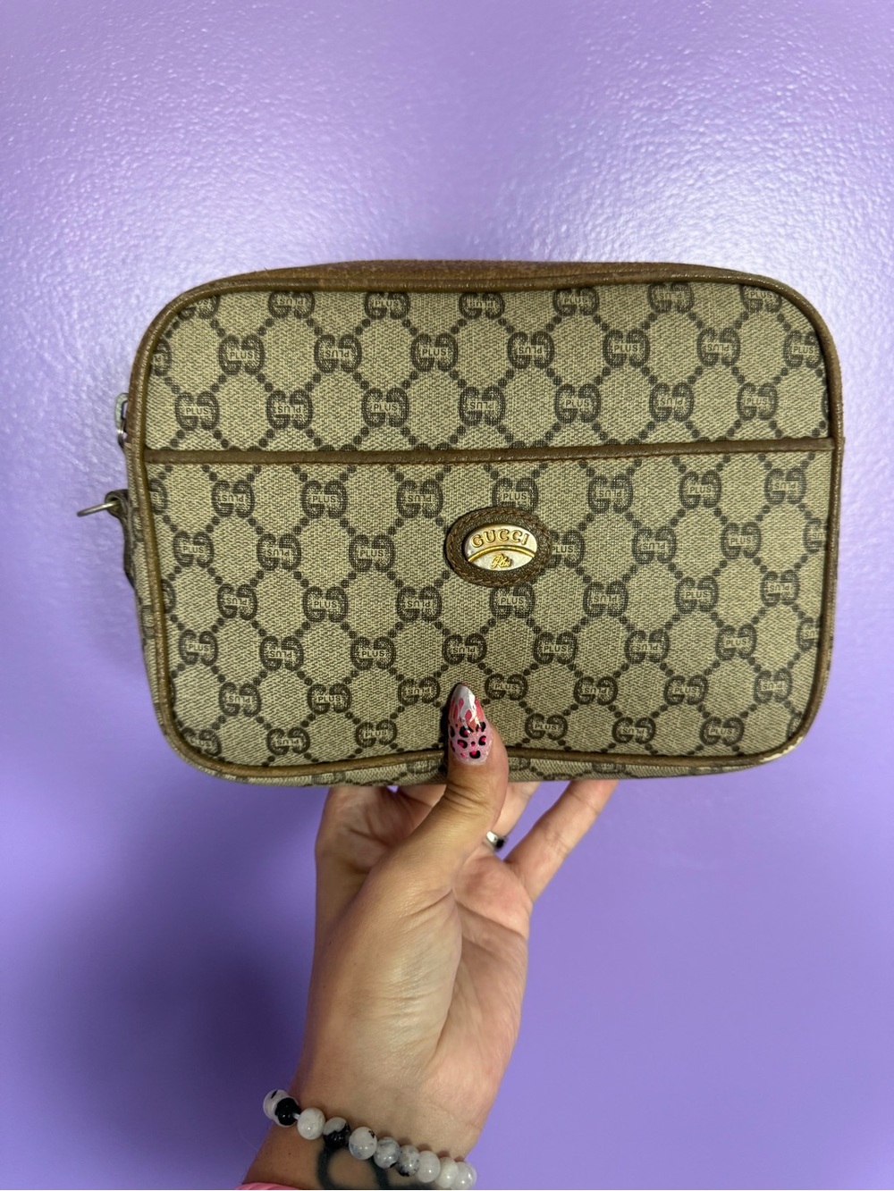 Gucci Brown Beige Monogram Cosmetic Case with Gold-Tone Logo